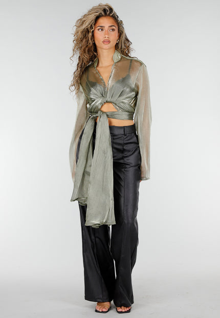 NEW211026 Groene Metallic Wikkeltop met Lange Mouwen