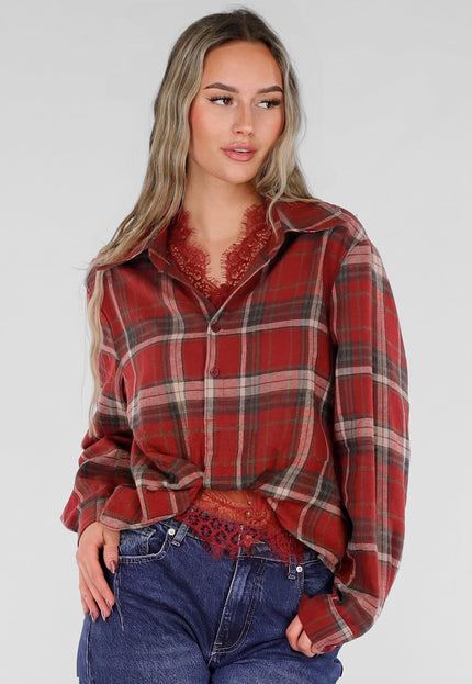 NEW211026 Rode Geruite Blouse met Kant