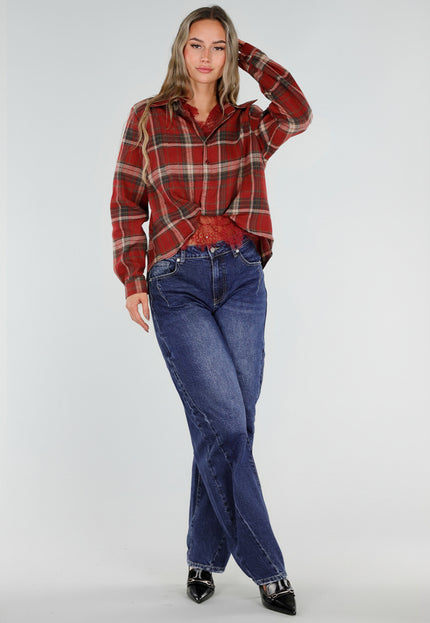 NEW211026 Rode Geruite Blouse met Kant
