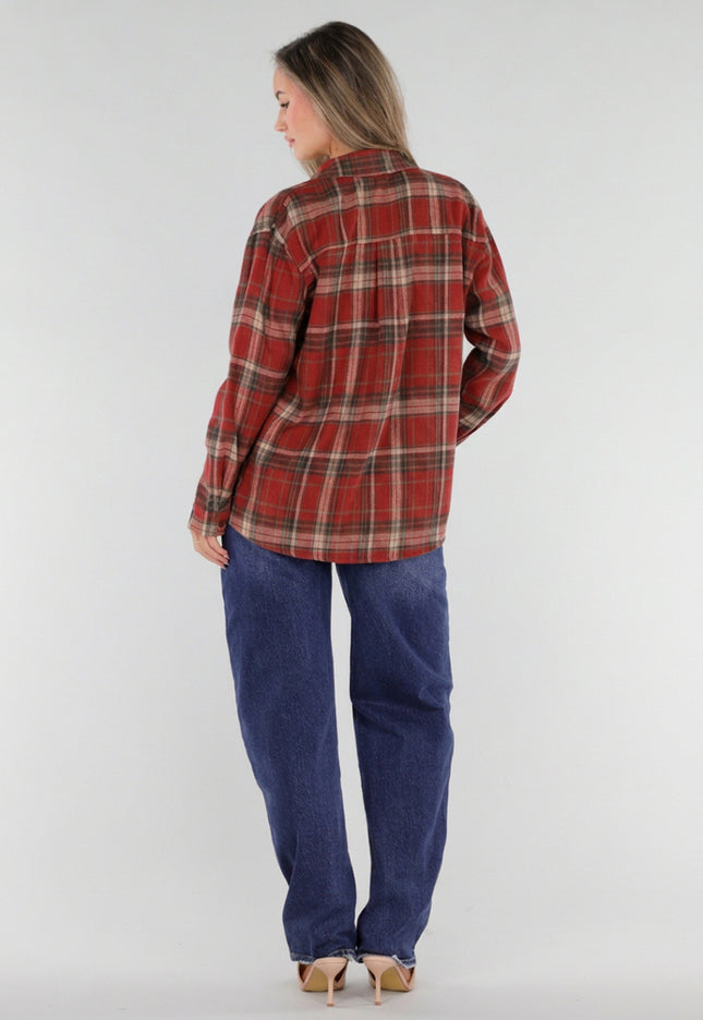 NEW211026 Rood Geruit Dames Overhemd met Knopen