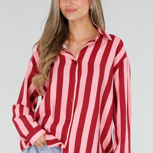 NEW211026 Rood Roze Gestreepte Blouse met Knopen