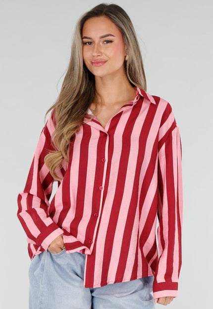 NEW211026 Rood Roze Gestreepte Blouse met Knopen