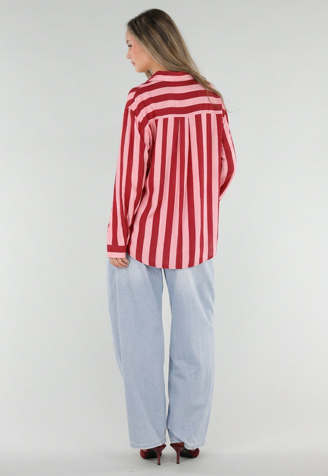 NEW211026 Rood Roze Gestreepte Blouse met Knopen