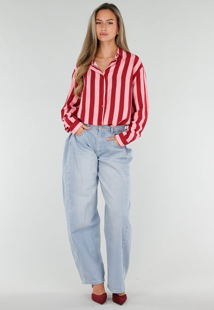 NEW211026 Rood Roze Gestreepte Blouse met Knopen