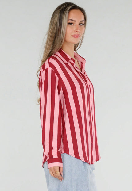 NEW211026 Rood Roze Gestreepte Blouse met Knopen