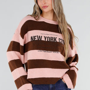 NEW211026 Roze Bruine Gestreepte Wollen New York Trui