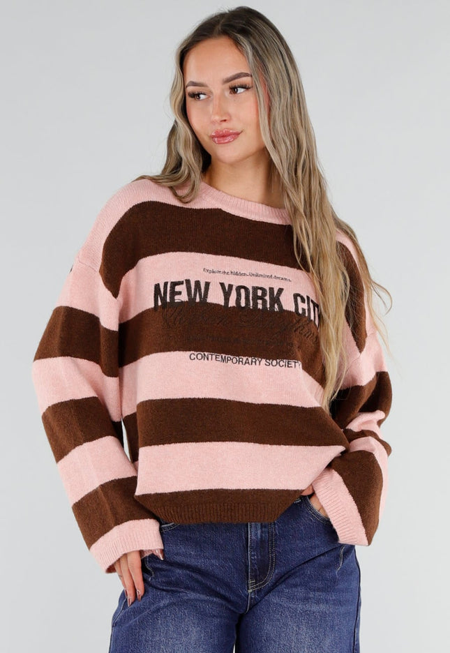NEW211026 Roze Bruine Gestreepte Wollen New York Trui