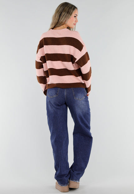 NEW211026 Roze Bruine Gestreepte Wollen New York Trui