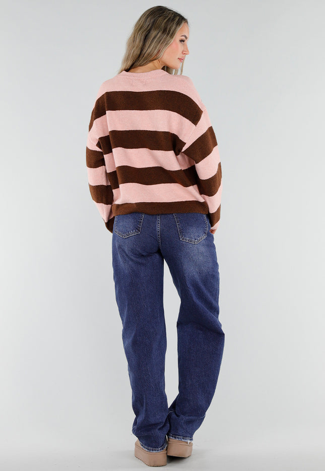 NEW211026 Roze Bruine Gestreepte Wollen New York Trui