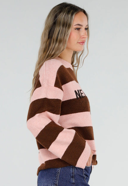 NEW211026 Roze Bruine Gestreepte Wollen New York Trui