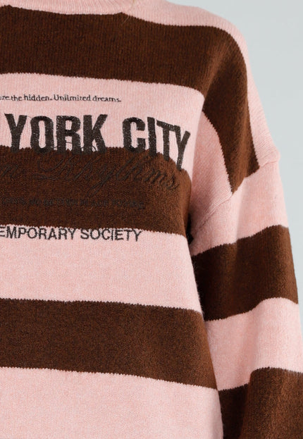 NEW211026 Roze Bruine Gestreepte Wollen New York Trui