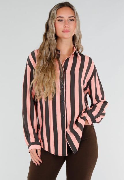 NEW211026 Roze Grijze Gestreepte Blouse met Knopen