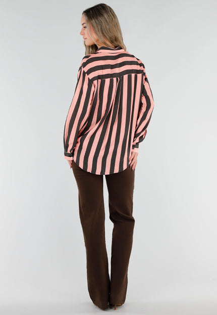 NEW211026 Roze Grijze Gestreepte Blouse met Knopen