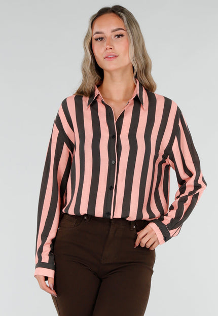 NEW211026 Roze Grijze Gestreepte Blouse met Knopen