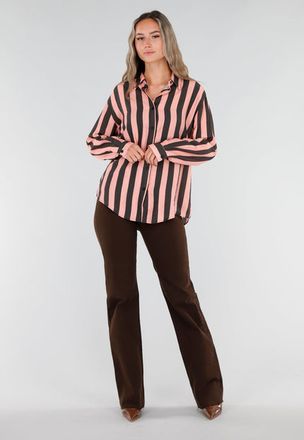 NEW211026 Roze Grijze Gestreepte Blouse met Knopen