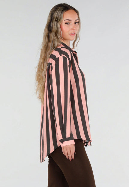 NEW211026 Roze Grijze Gestreepte Blouse met Knopen