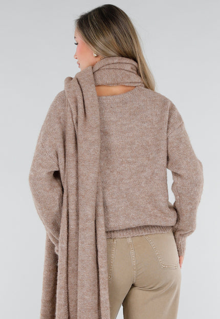 NEW211026 Taupe Gebreide Wollen Trui met Bijpassende Sjaal