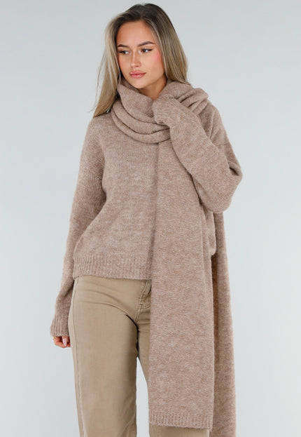 NEW211026 Taupe Gebreide Wollen Trui met Bijpassende Sjaal