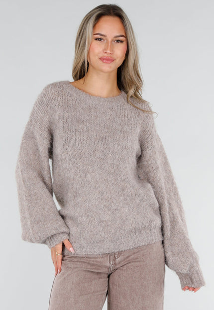 NEW211026 Taupe Wollen Gebreide Trui met Lange Mouwen