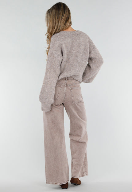 NEW211026 Taupe Wollen Gebreide Trui met Lange Mouwen
