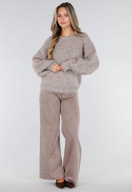 NEW211026 Taupe Wollen Gebreide Trui met Lange Mouwen