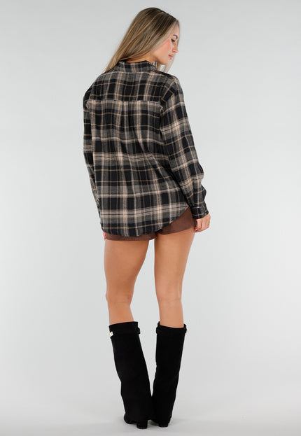 NEW211026 Zwart Geruite Blouse met Borduursels