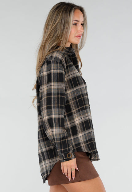 NEW211026 Zwart Geruite Blouse met Borduursels