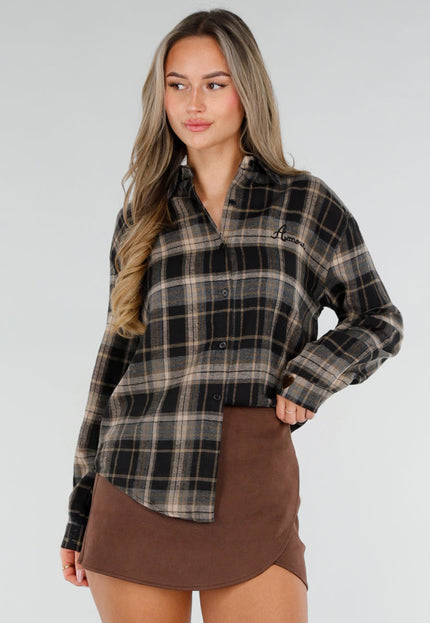 NEW211026 Zwart Geruite Blouse met Borduursels