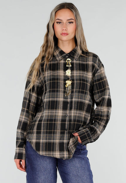NEW211026 Zwart Grijze Geruite Blouse met Broches