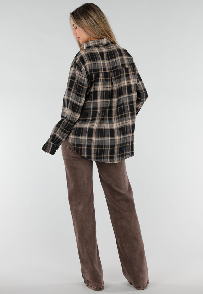 NEW211026 Zwart Grijze Geruite Blouse met Broches
