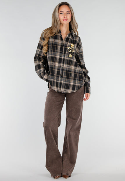 NEW211026 Zwart Grijze Geruite Blouse met Broches