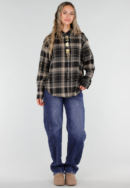 NEW211026 Zwart Grijze Geruite Blouse met Broches