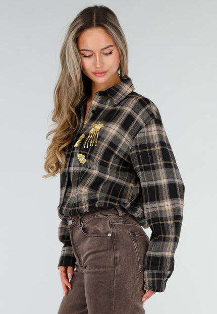 NEW211026 Zwart Grijze Geruite Blouse met Broches