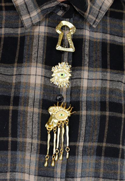 NEW211026 Zwart Grijze Geruite Blouse met Broches