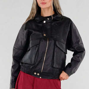 NEW211026 Zwart Lederlook Jack met Gouden Knopen