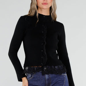NEW211026 Zwart Ribgebreid Vest met Kant en Knopen
