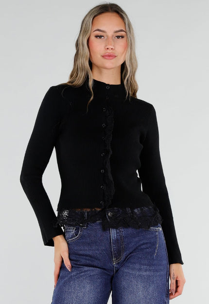 NEW211026 Zwart Ribgebreid Vest met Kant en Knopen