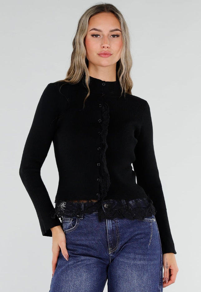 NEW211026 Zwart Ribgebreid Vest met Kant en Knopen