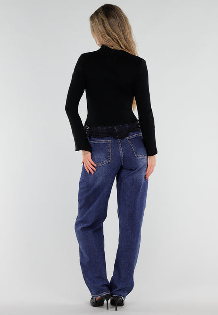 NEW211026 Zwart Ribgebreid Vest met Kant en Knopen