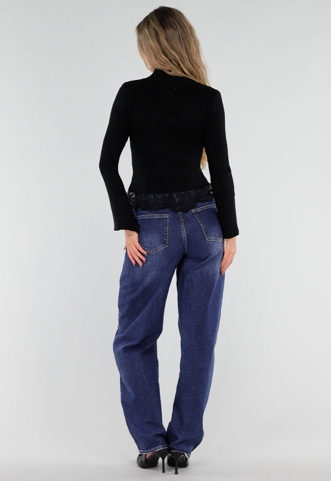 NEW211026 Zwart Ribgebreid Vest met Kant en Knopen