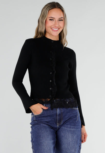 NEW211026 Zwart Ribgebreid Vest met Kant en Knopen