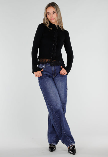 NEW211026 Zwart Ribgebreid Vest met Kant en Knopen