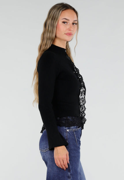 NEW211026 Zwart Ribgebreid Vest met Kant en Knopen