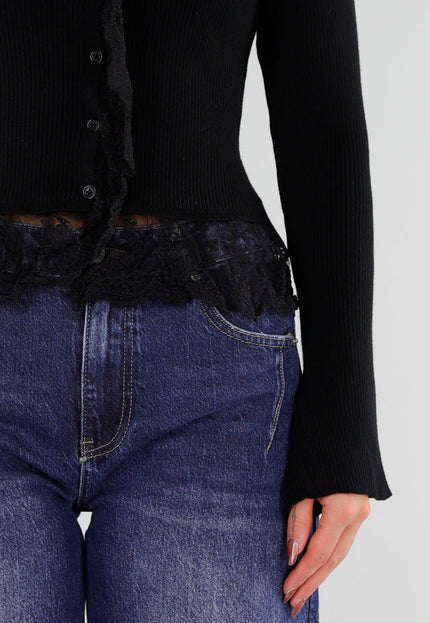 NEW211026 Zwart Ribgebreid Vest met Kant en Knopen