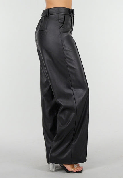 NEW211026 Zwarte Lederlook Straight Leg Broek