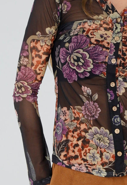 NEW211026 Zwarte Mesh Blouse met Bloemenprint