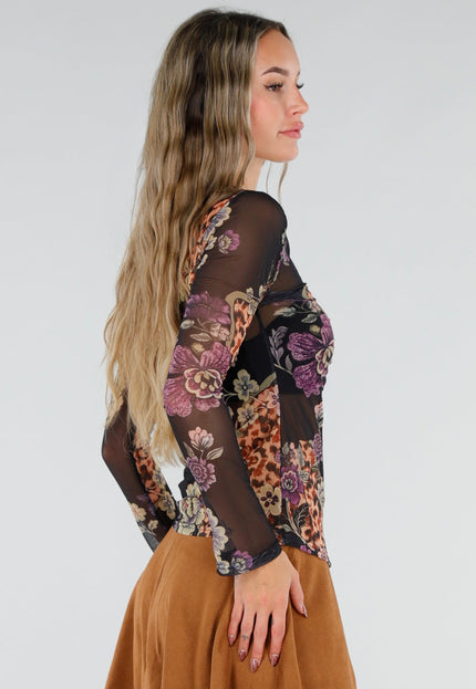 NEW211026 Zwarte Mesh Blouse met Bloemenprint