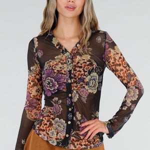 NEW211026 Zwarte Mesh Blouse met Bloemenprint