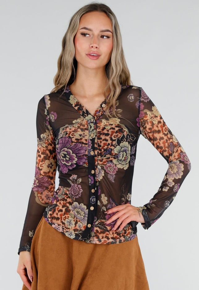 NEW211026 Zwarte Mesh Blouse met Bloemenprint