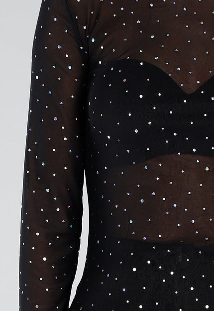 NEW211026 Zwarte Mesh Top met Strass Steentjes